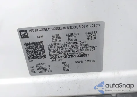 2024 Chevrolet Equinox Fwd Lt из США, поврежденный, VIN 3GNAXKEG3RL335097